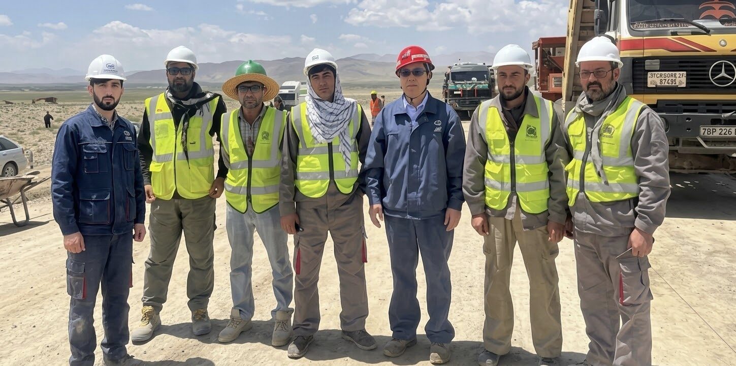 Seven MECC site staff in hard hats and high-visibility vests standing beside haulage trucks on the Aynak access road